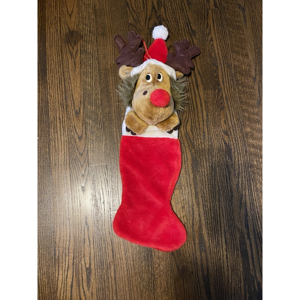 Vintage Christmas Stocking Plush Reindeer 3D Tan & Brown By Smithy Santa Hat